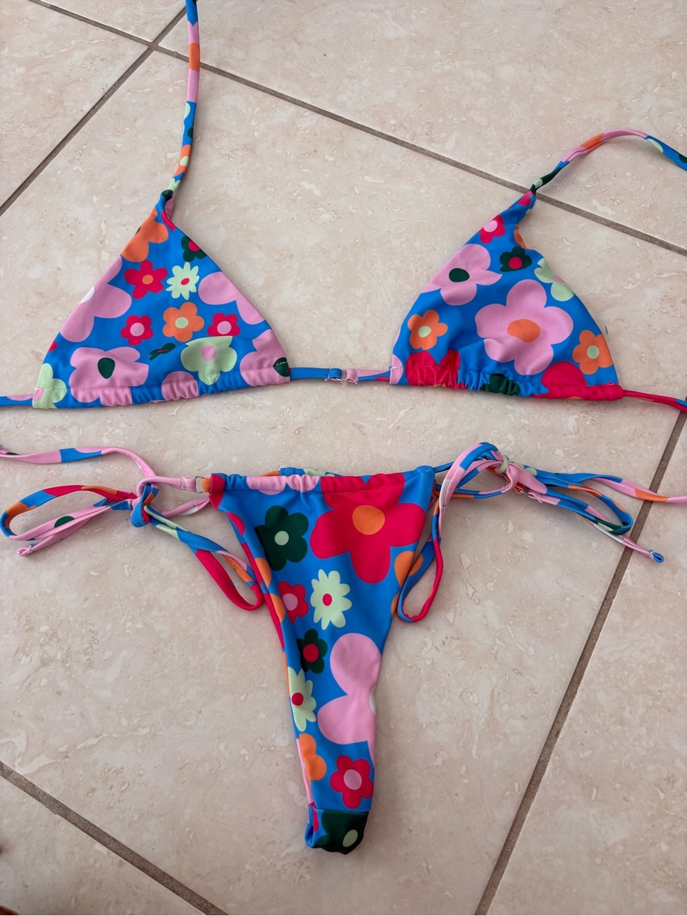 SHEIN Blue Floral Triangle Bikini Top with Multicolor Flowers. Top: L Bottoms: S